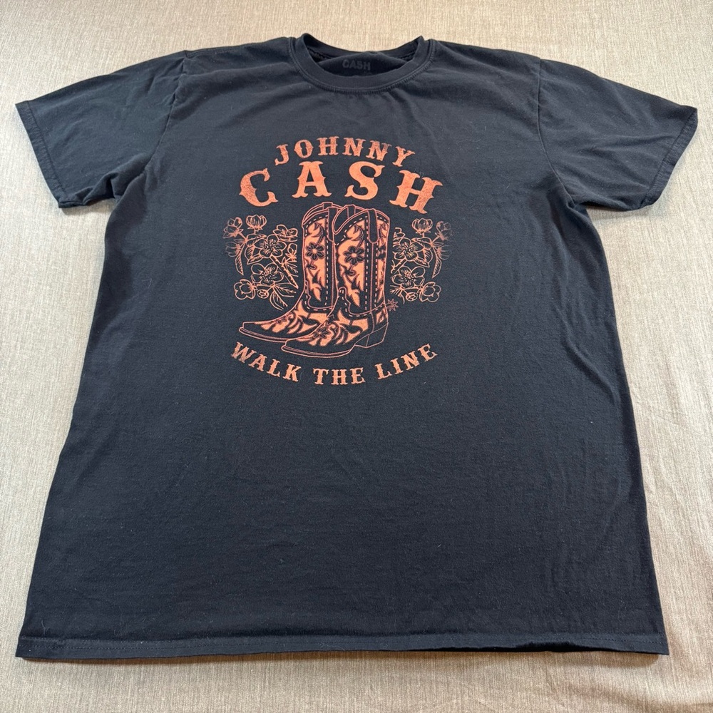 Johnny Cash T Shirt Graphic Boots Walk The Line 100% Cotton Black Size XL Orange